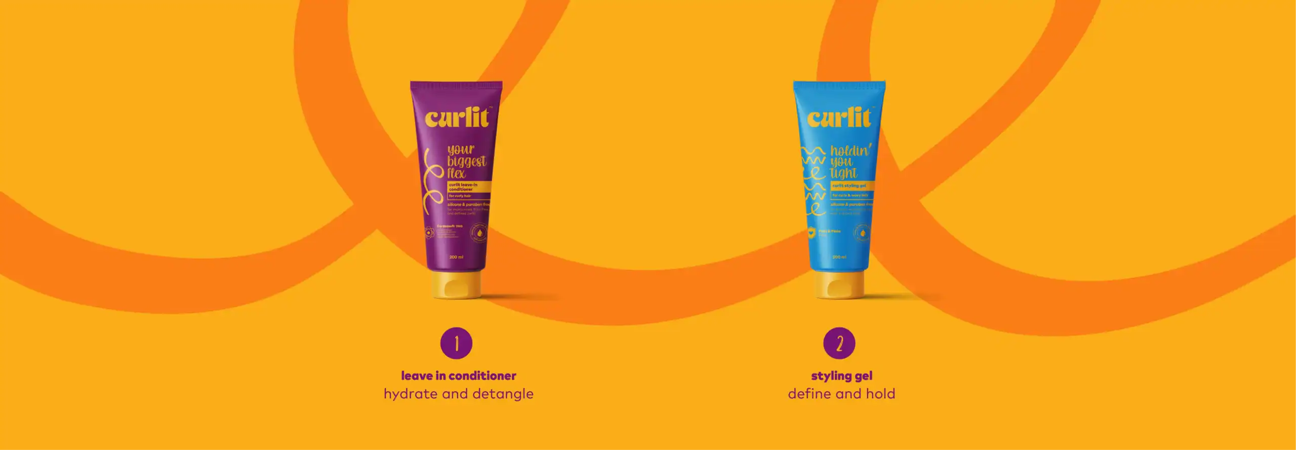 Curlit leave-in conditioner and styling gel for curl defining and hydration, vibrant purple and blue packaging, perfect for maintaining healthy, bouncy curls, salon-quality hair care products.