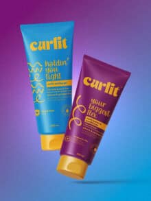 Vibrant curlit hair styling products for curly and wavy hair, featuring holdin' you tight gel and your biggest flex conditioner, silicone & paraben free, designed to enhance curls and control frizz.