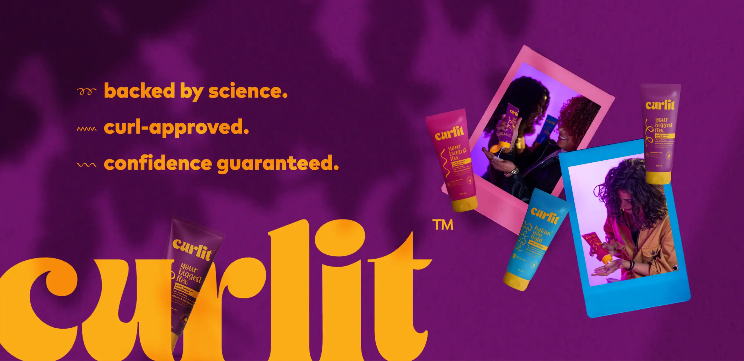 Vibrant curly hair products from Curlit with diverse models showcasing healthy, styled curls in a modern, colorful digital ad.