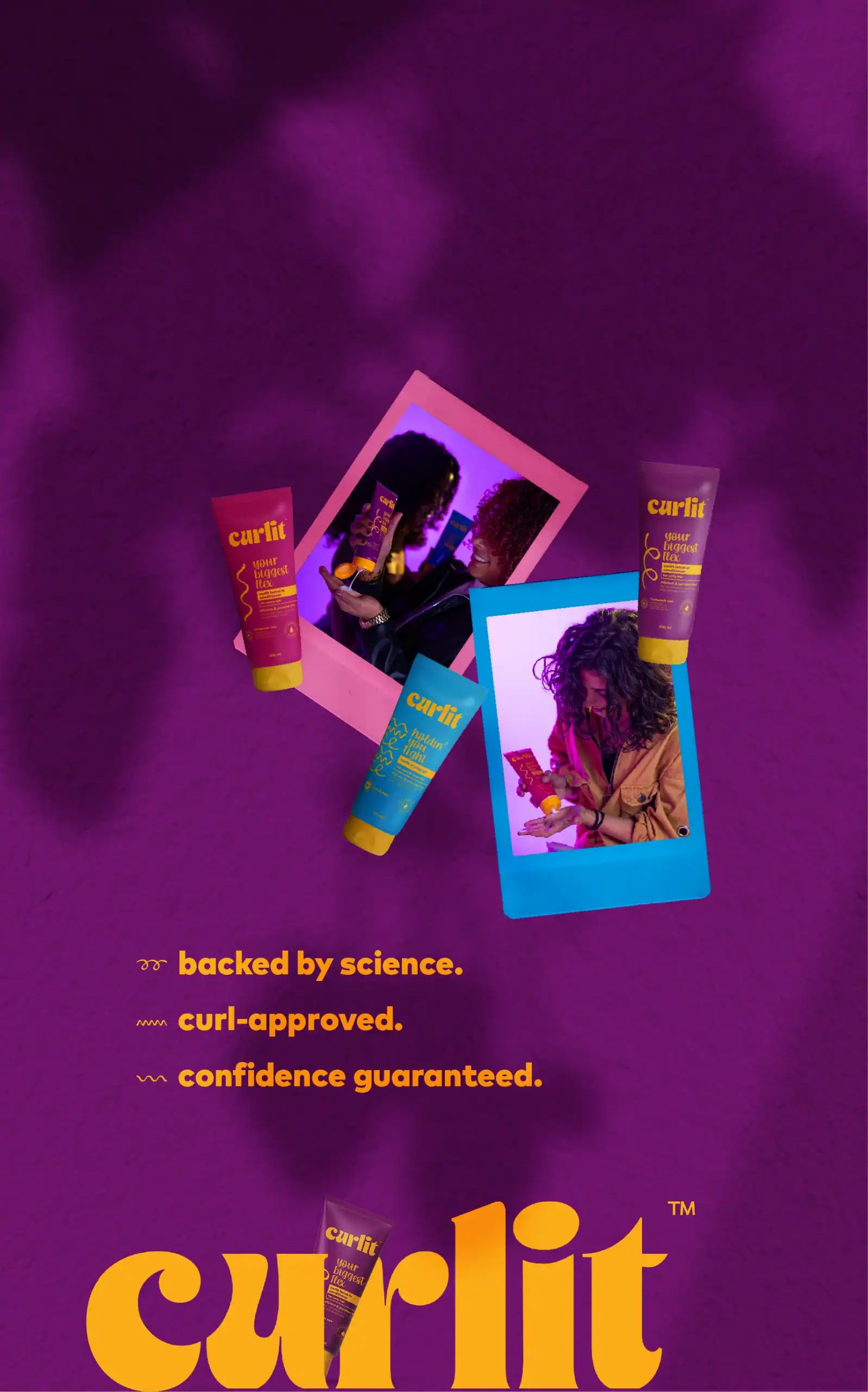 Silky curly hair care products from Curlit, featuring a vibrant purple background with images of women with curly hair using the products for healthy, confident curls.