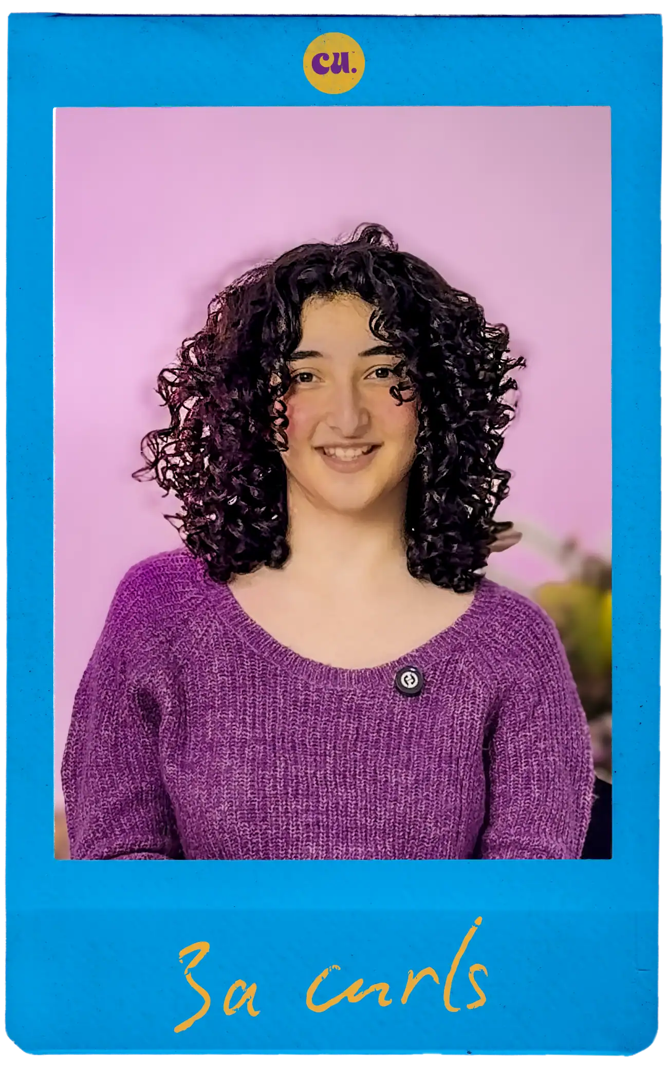 Vibrant curly hair woman smiling with perfect defined curls, showcasing curl enhancement products from Curlit in a colorful, trendy retail packaging.