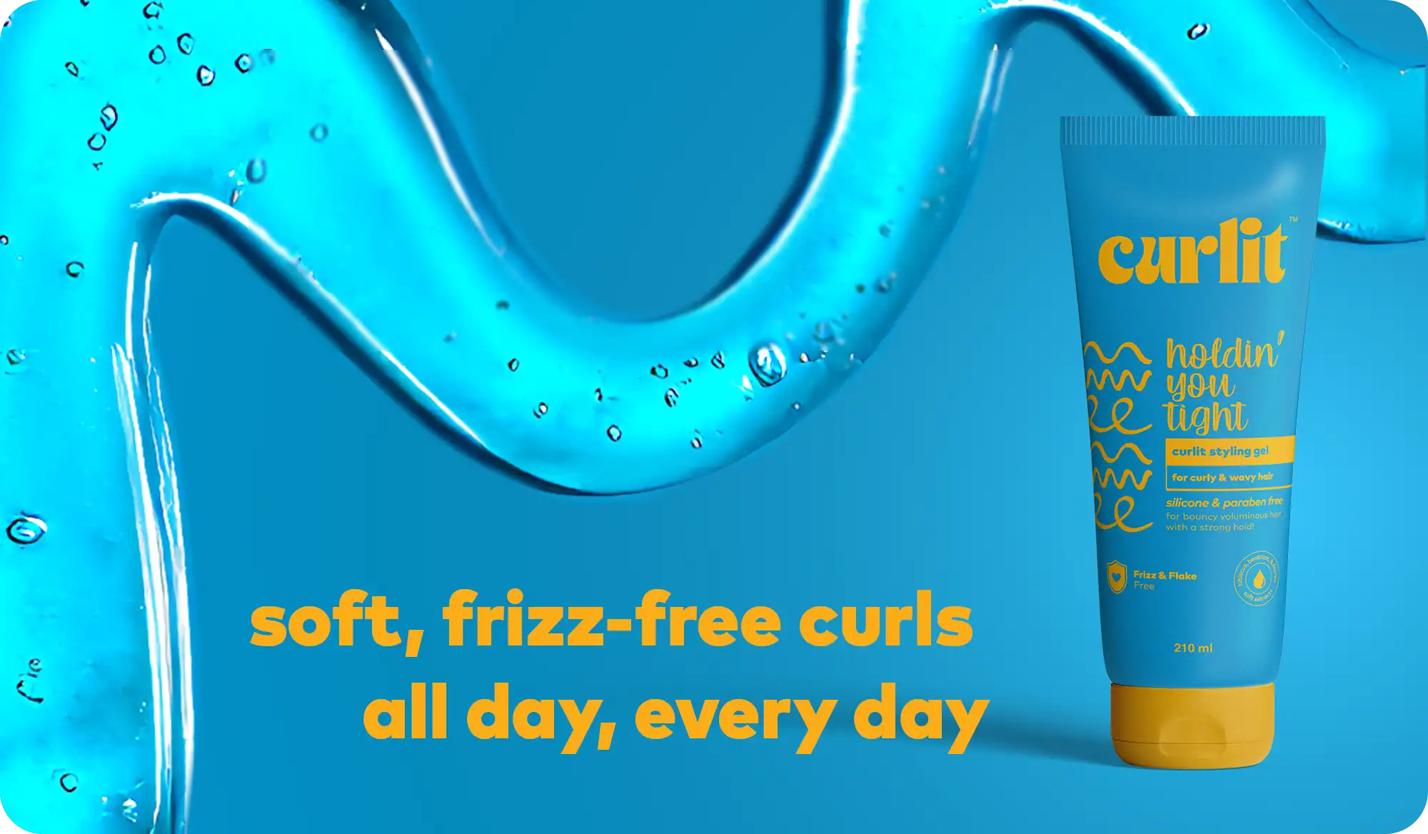 Vibrant blue curling styling gel tube with textured design and bold yellow text, emphasizing frizz-free, curl-holding performance for curly and wavy hair.