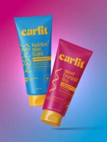 Vibrant hair styling products from Curlit in colorful tubes on a gradient background.