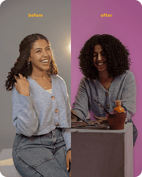 Vibrant before and after images of a woman showcasing the transformative results of curl enhancement with Curlit hair products, highlighting healthy, defined curls.