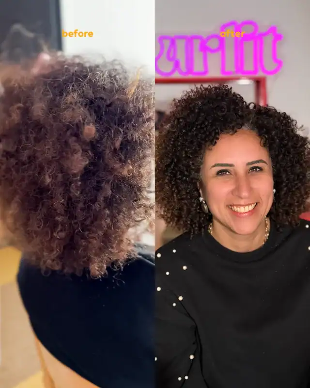 Frizzy curly hair before and transformed to sleek, defined curls after using Curlit hair care products. Perfect for enhancing natural curly hairstyles with a professional, salon-quality finish.