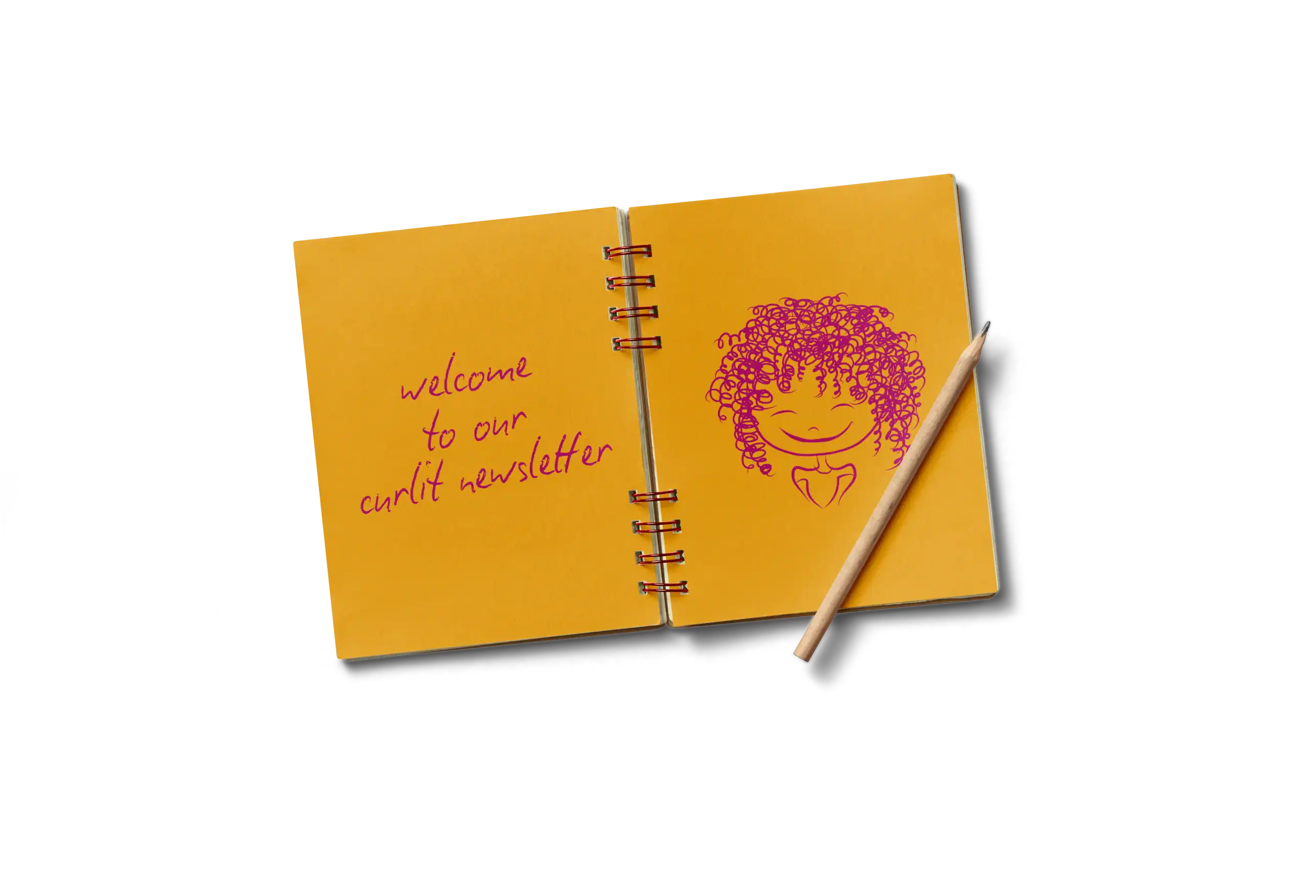 Bright yellow notebook with a handwritten welcome message and a cute curly-haired girl illustration, promoting Curlit newsletter and hair care tips. Perfect for engaging with customers interested in curly hair products.