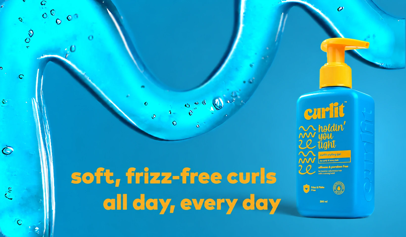Curlit Holdin’ You Tight styling gel in the current blue pump bottle against a blue gel-texture background.