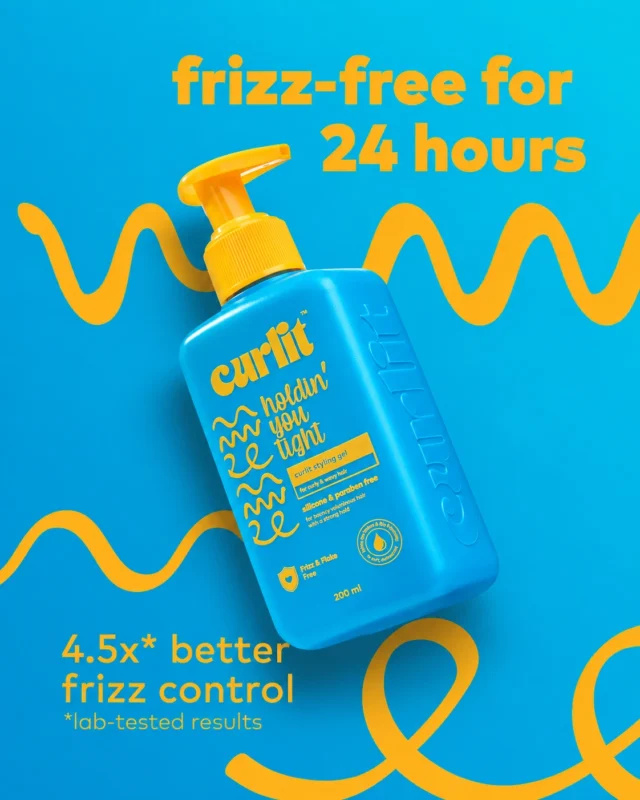 Curlit Holdin’ You Tight 200 ml styling gel in the current blue pump bottle. Frizz-free for 24 hours; 4.5x better frizz control, based on lab-tested results.