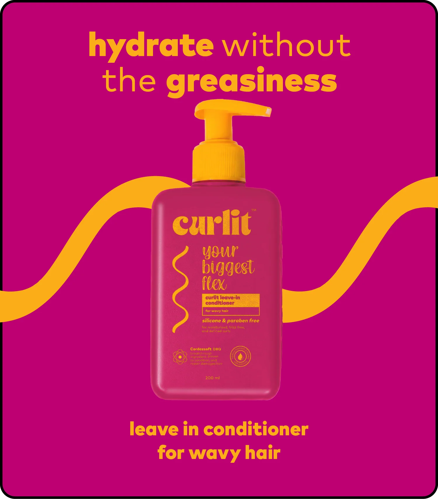 curlit wavy leave-in conditioner pump bottle with “hydrate without the greasiness” message